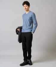 KHKJA73044 a.v.v MEN(アー・ヴェ・ヴェ) 【イージーケア/毛玉になりにくい】針抜きジャカードＶネックＴシャツ〈SMART SERIES〉【洗濯機で洗える】 ブラック