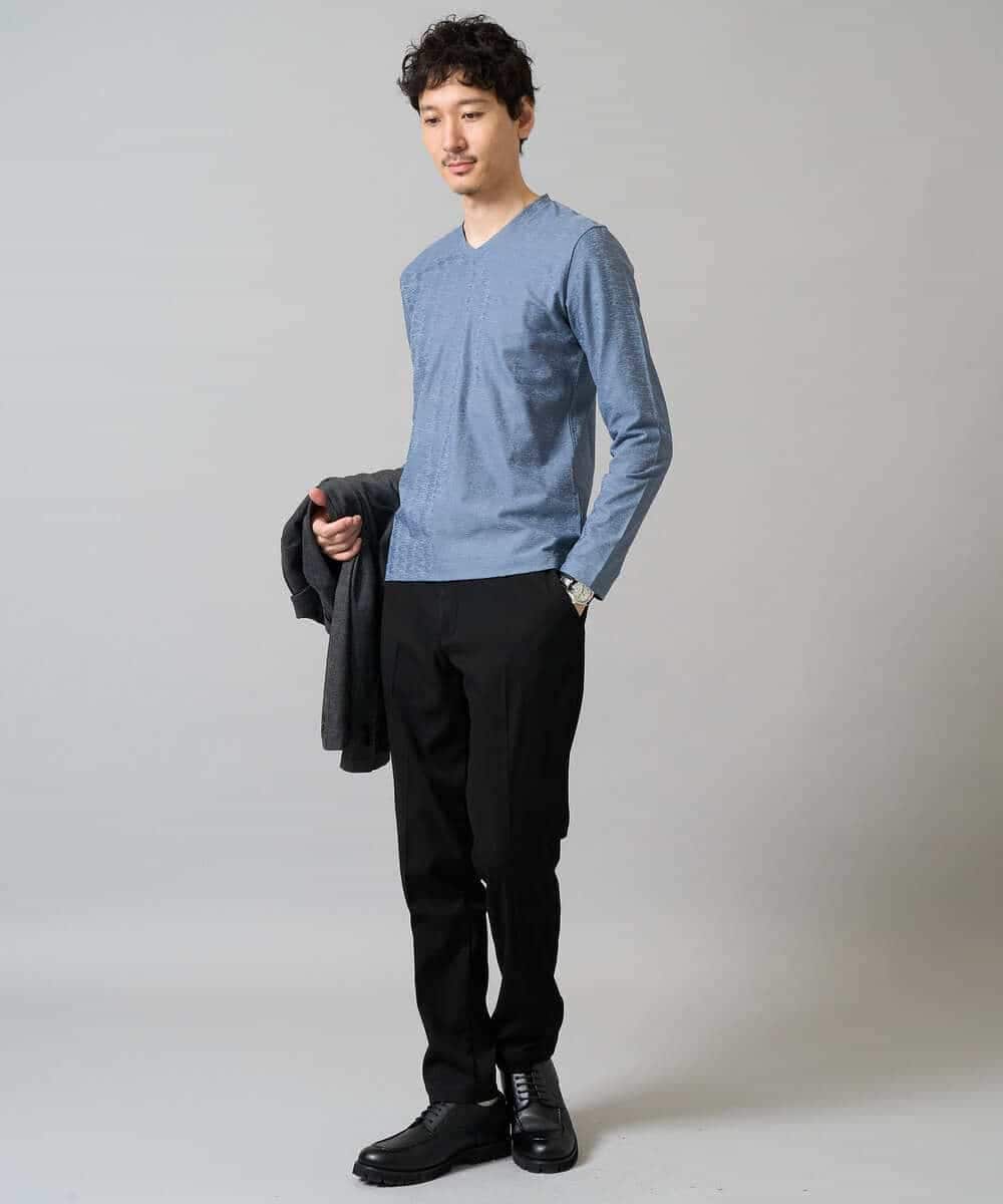 KHKJA73044 a.v.v MEN(アー・ヴェ・ヴェ) 【イージーケア/毛玉になりにくい】針抜きジャカードＶネックＴシャツ〈SMART SERIES〉【洗濯機で洗える】 ブラック