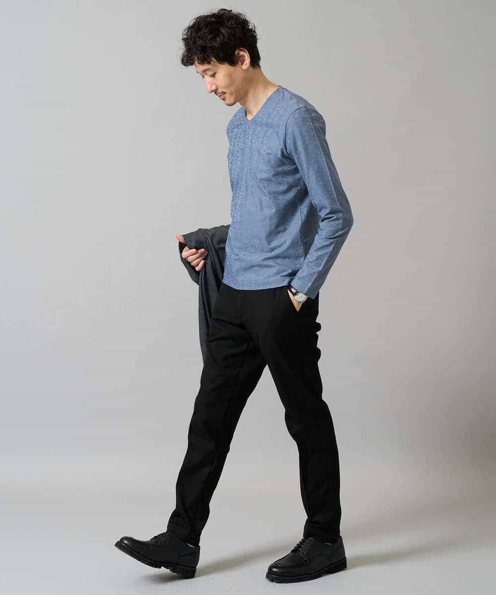 KHKJA73044 a.v.v MEN(アー・ヴェ・ヴェ) 【イージーケア/毛玉になりにくい】針抜きジャカードＶネックＴシャツ〈SMART SERIES〉【洗濯機で洗える】 ブラック