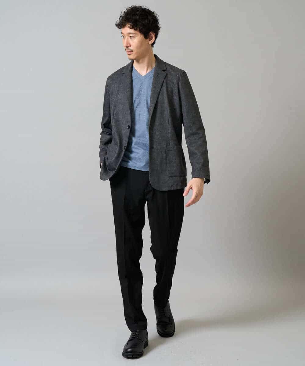 KHKJA73044 a.v.v MEN(アー・ヴェ・ヴェ) 【イージーケア/毛玉になりにくい】針抜きジャカードＶネックＴシャツ〈SMART SERIES〉【洗濯機で洗える】 ブラック