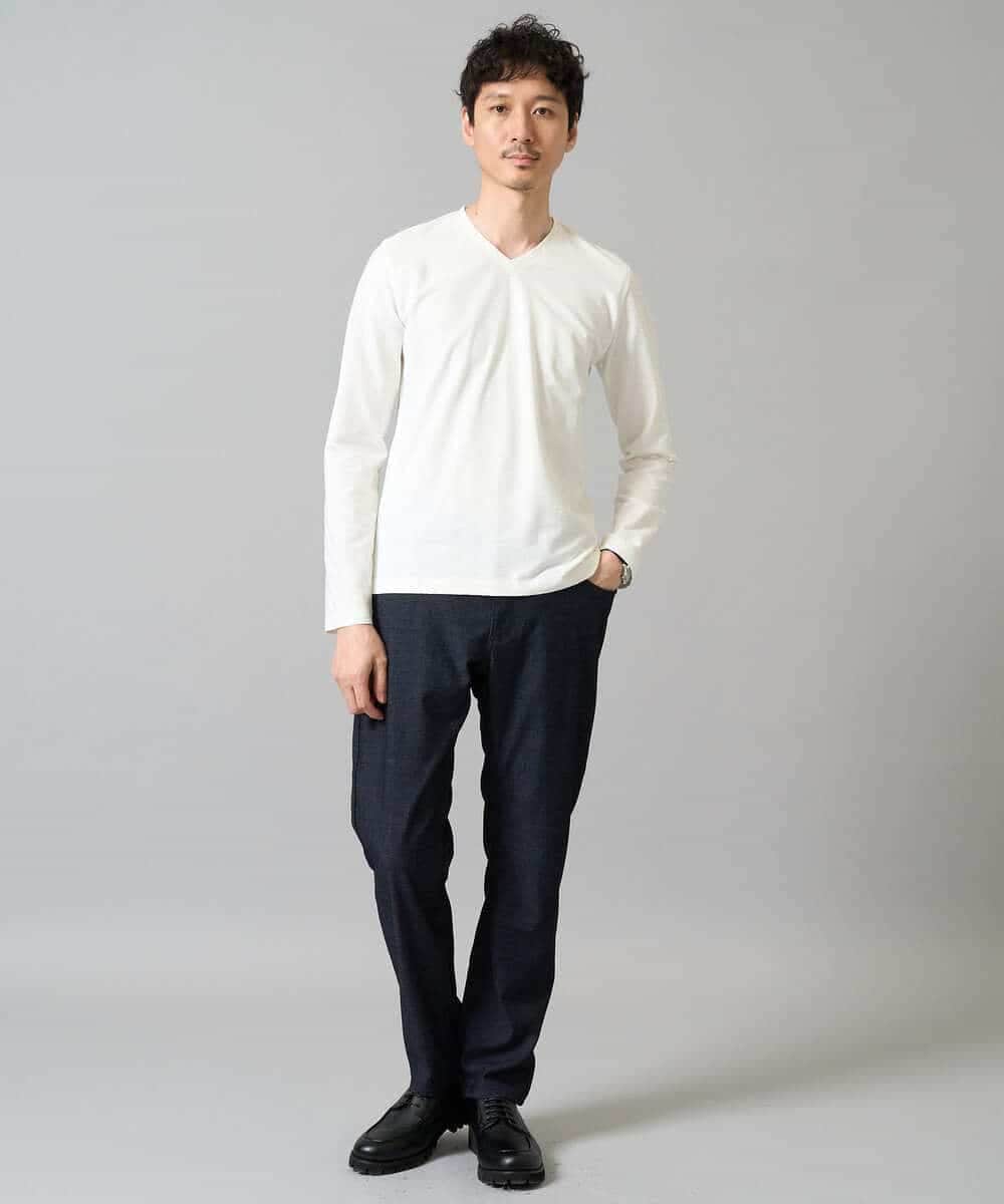 KHKJA73044 a.v.v MEN(アー・ヴェ・ヴェ) 【イージーケア/毛玉になりにくい】針抜きジャカードＶネックＴシャツ〈SMART SERIES〉【洗濯機で洗える】 ブラック