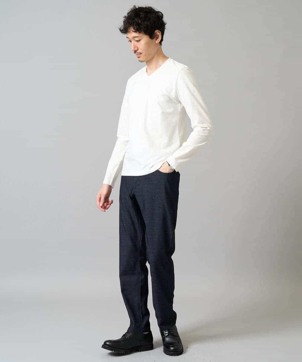 KHKJA73044 a.v.v MEN(アー・ヴェ・ヴェ) 【イージーケア/毛玉になりにくい】針抜きジャカードＶネックＴシャツ〈SMART SERIES〉【洗濯機で洗える】 ブラック