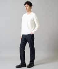 KHKJA73044 a.v.v MEN(アー・ヴェ・ヴェ) 【イージーケア/毛玉になりにくい】針抜きジャカードＶネックＴシャツ〈SMART SERIES〉【洗濯機で洗える】 ブラック
