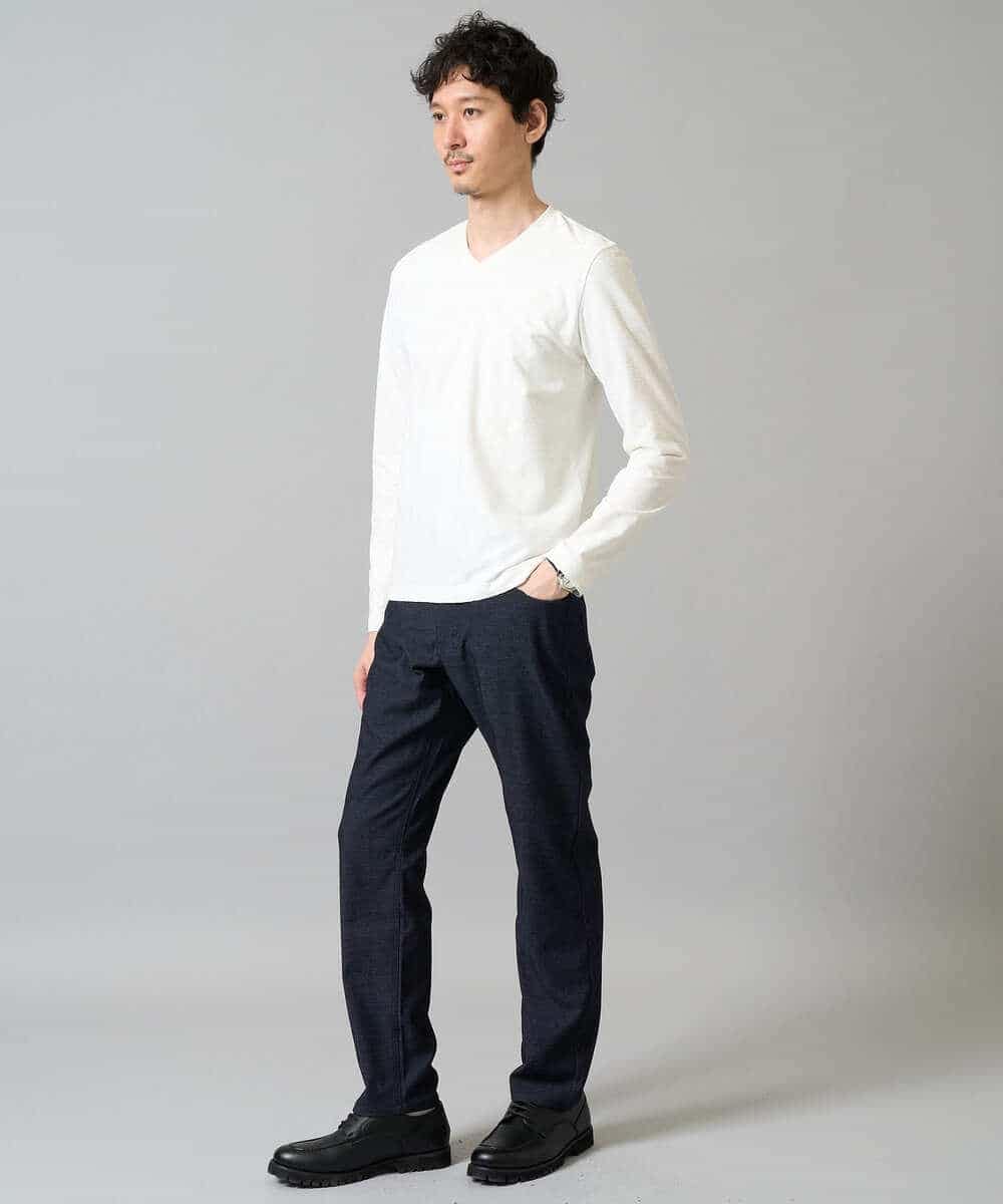 KHKJA73044 a.v.v MEN(アー・ヴェ・ヴェ) 【イージーケア/毛玉になりにくい】針抜きジャカードＶネックＴシャツ〈SMART SERIES〉【洗濯機で洗える】 ブラック