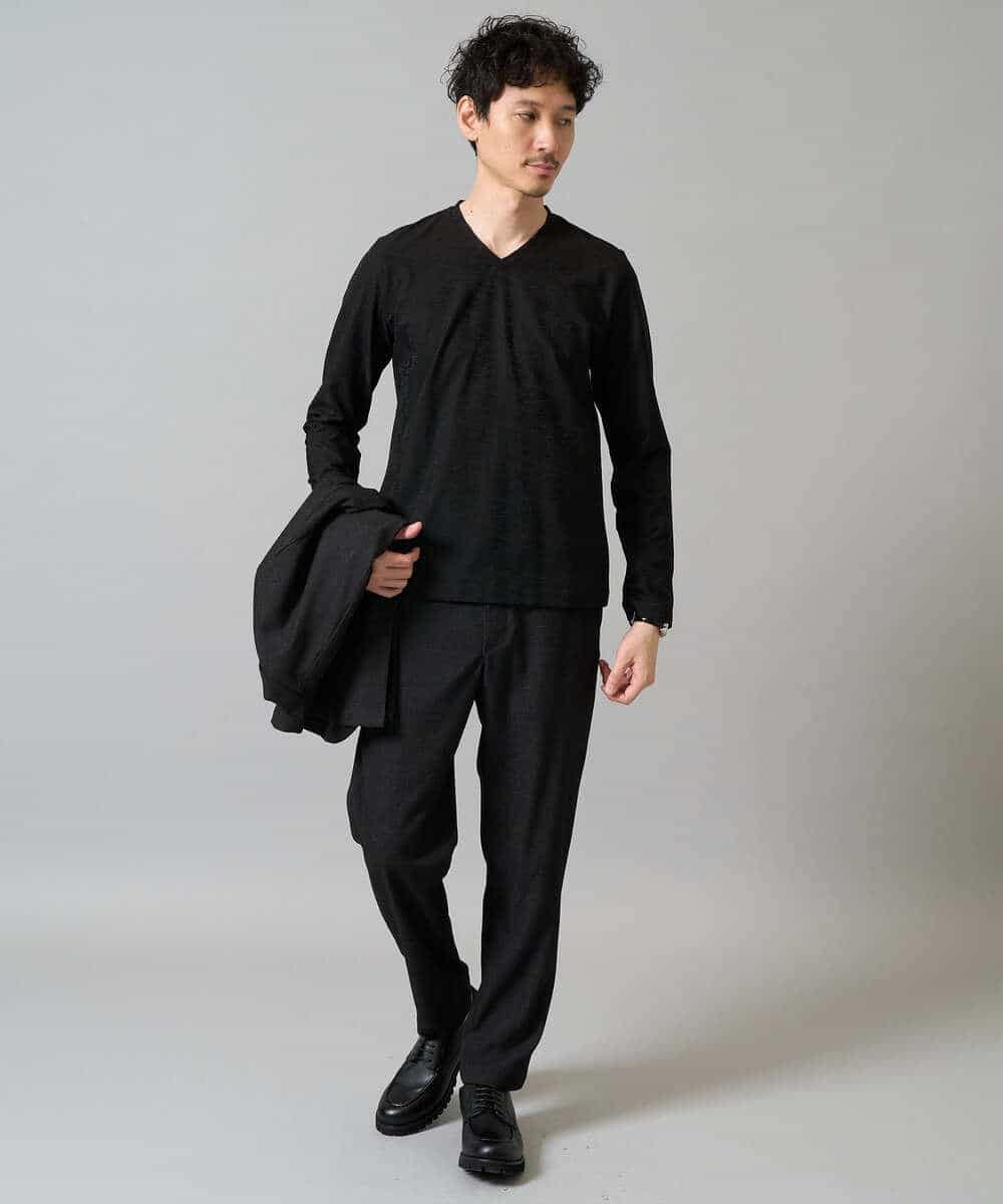 KHKJA73044 a.v.v MEN(アー・ヴェ・ヴェ) 【イージーケア/毛玉になりにくい】針抜きジャカードＶネックＴシャツ〈SMART SERIES〉【洗濯機で洗える】 ブラック