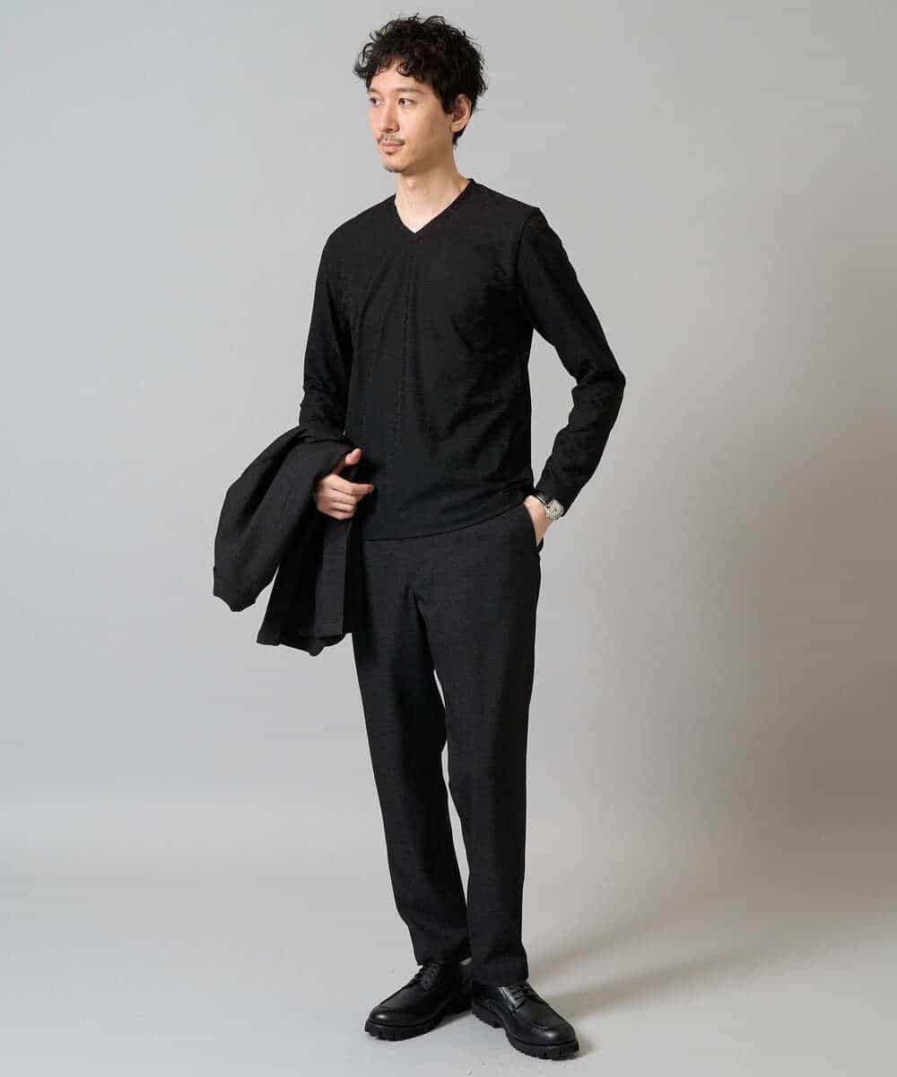 KHKJA73044 a.v.v MEN(アー・ヴェ・ヴェ) 【イージーケア/毛玉になりにくい】針抜きジャカードＶネックＴシャツ〈SMART SERIES〉【洗濯機で洗える】 ブラック
