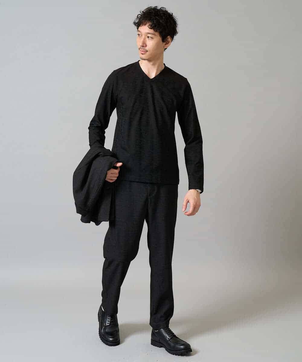 KHKJA73044 a.v.v MEN(アー・ヴェ・ヴェ) 【イージーケア/毛玉になりにくい】針抜きジャカードＶネックＴシャツ〈SMART SERIES〉【洗濯機で洗える】 ブラック