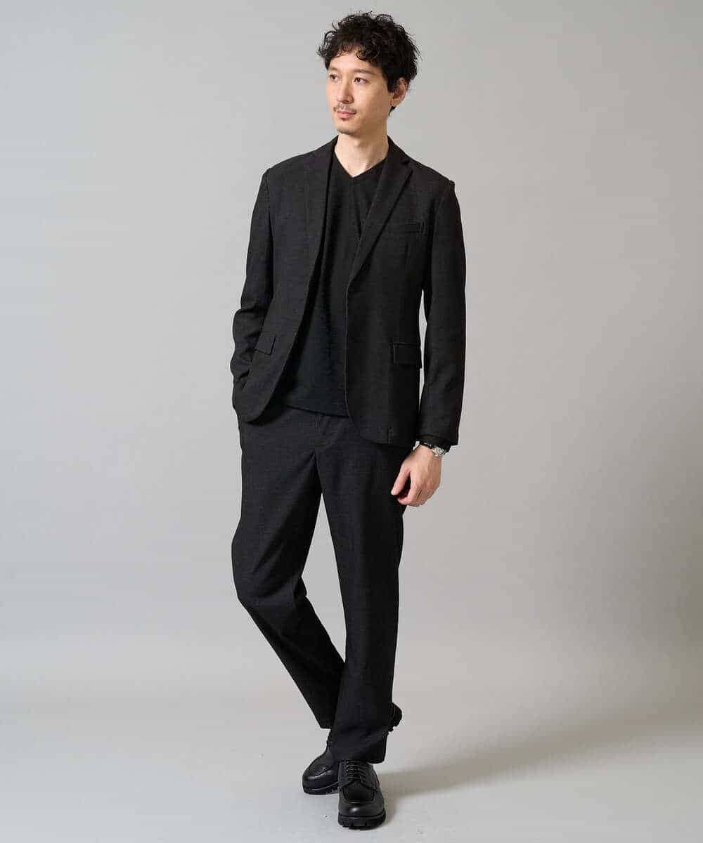 KHKJA73044 a.v.v MEN(アー・ヴェ・ヴェ) 【イージーケア/毛玉になりにくい】針抜きジャカードＶネックＴシャツ〈SMART SERIES〉【洗濯機で洗える】 ブラック