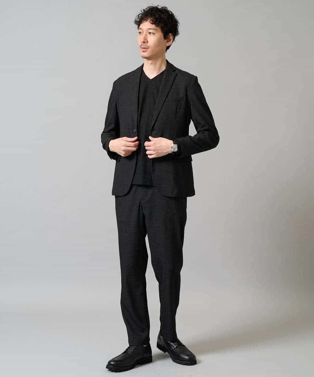 KHKJA73044 a.v.v MEN(アー・ヴェ・ヴェ) 【イージーケア/毛玉になりにくい】針抜きジャカードＶネックＴシャツ〈SMART SERIES〉【洗濯機で洗える】 ブラック