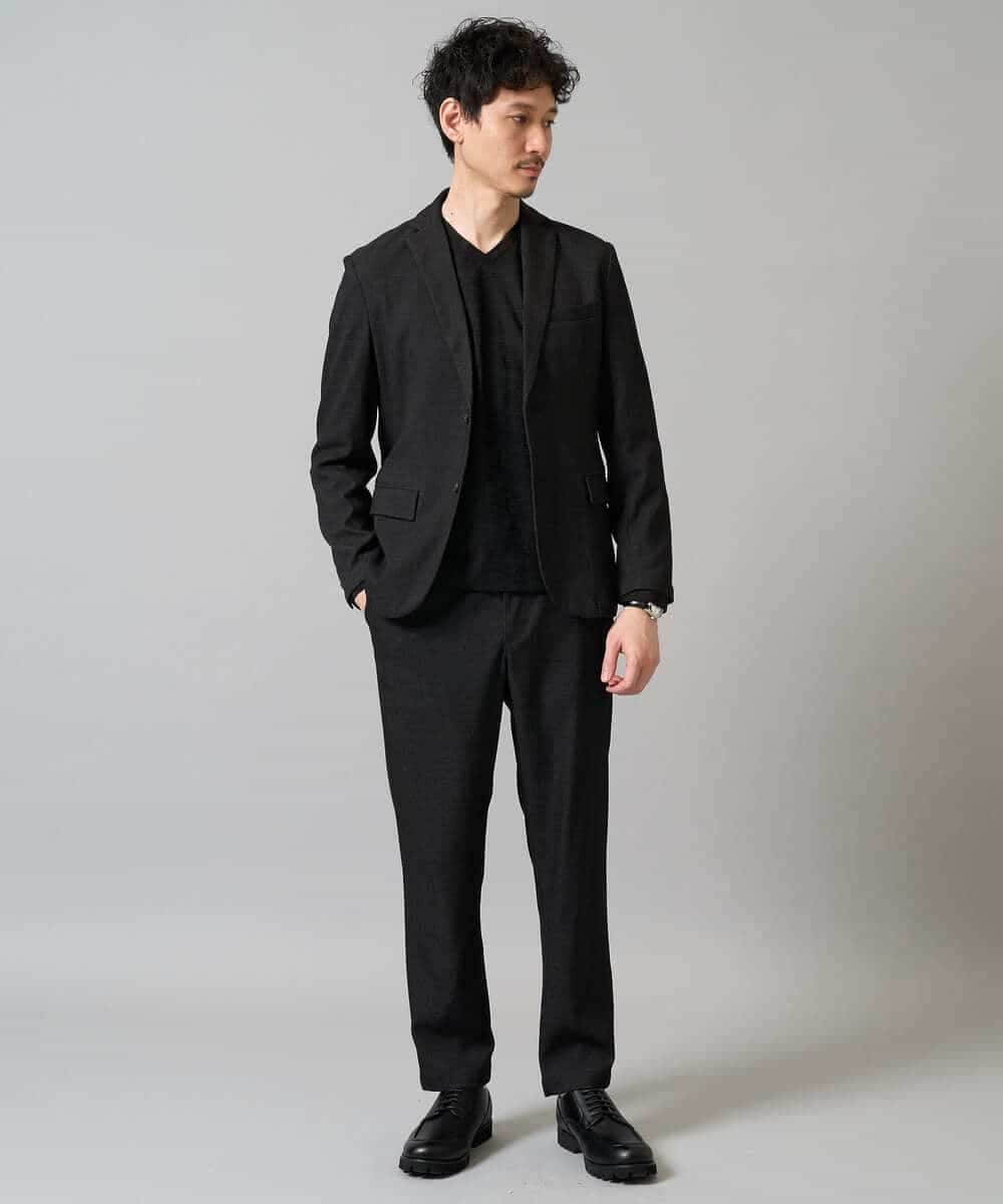 KHKJA73044 a.v.v MEN(アー・ヴェ・ヴェ) 【イージーケア/毛玉になりにくい】針抜きジャカードＶネックＴシャツ〈SMART SERIES〉【洗濯機で洗える】 ブラック