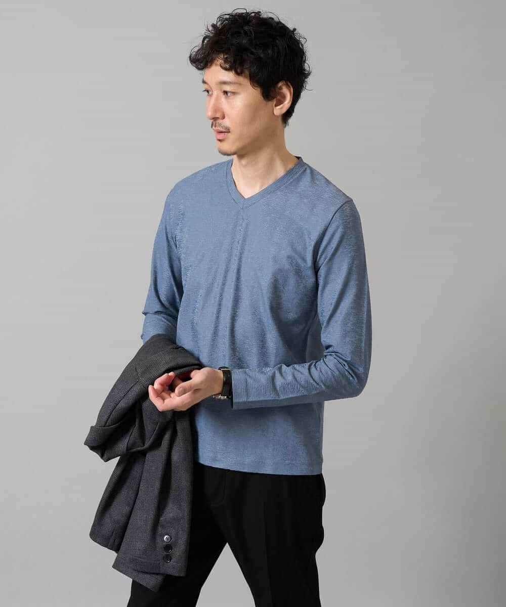 KHKJA73044 a.v.v MEN(アー・ヴェ・ヴェ) 【イージーケア/毛玉になりにくい】針抜きジャカードＶネックＴシャツ〈SMART SERIES〉【洗濯機で洗える】 ブラック