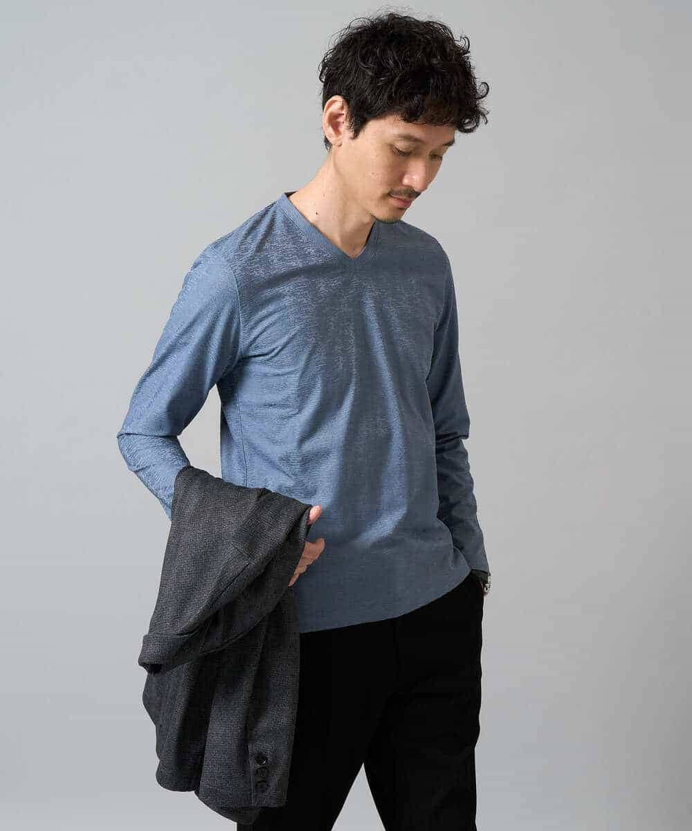 KHKJA73044 a.v.v MEN(アー・ヴェ・ヴェ) 【イージーケア/毛玉になりにくい】針抜きジャカードＶネックＴシャツ〈SMART SERIES〉【洗濯機で洗える】 ブラック