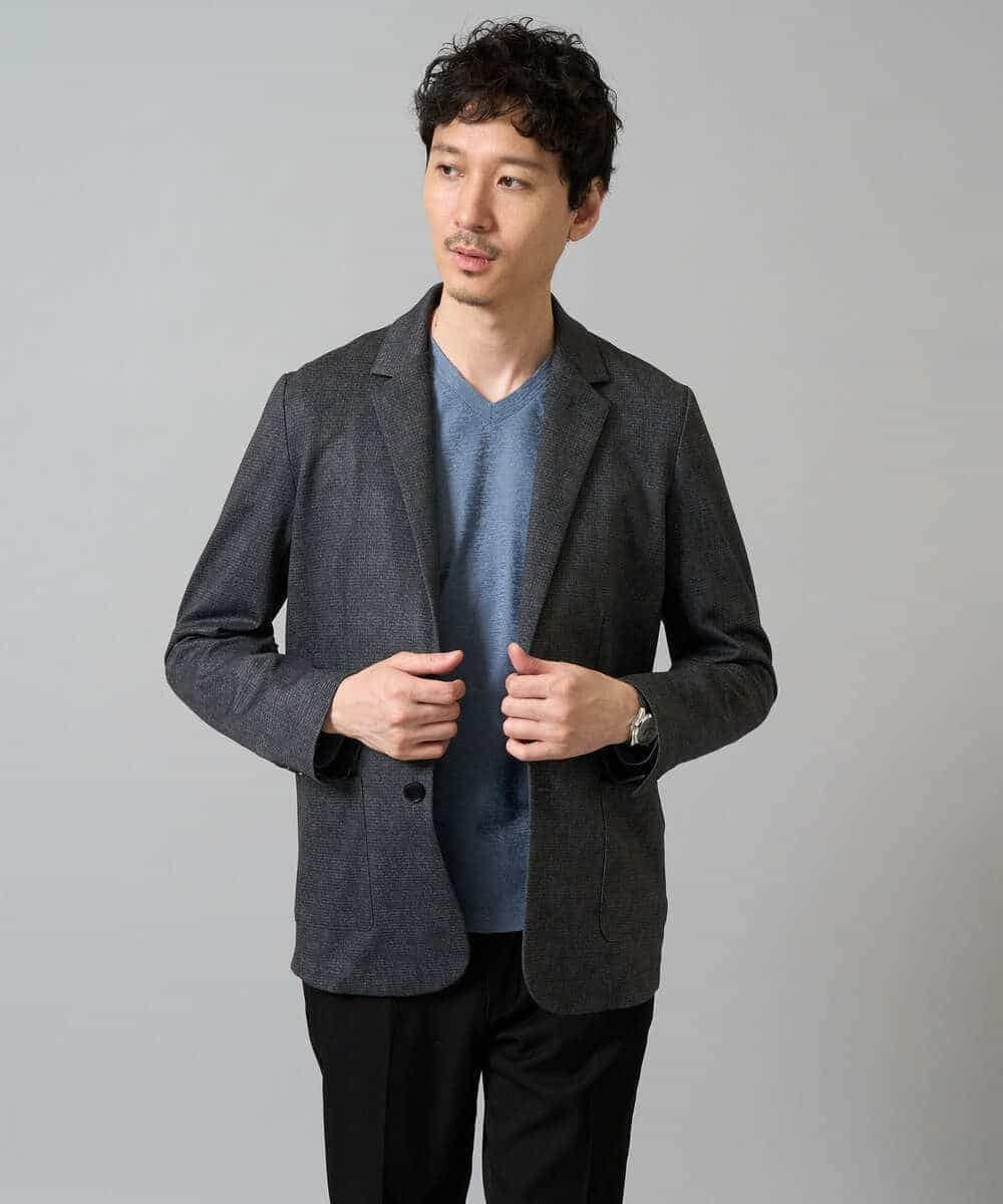 KHKJA73044 a.v.v MEN(アー・ヴェ・ヴェ) 【イージーケア/毛玉になりにくい】針抜きジャカードＶネックＴシャツ〈SMART SERIES〉【洗濯機で洗える】 ブラック