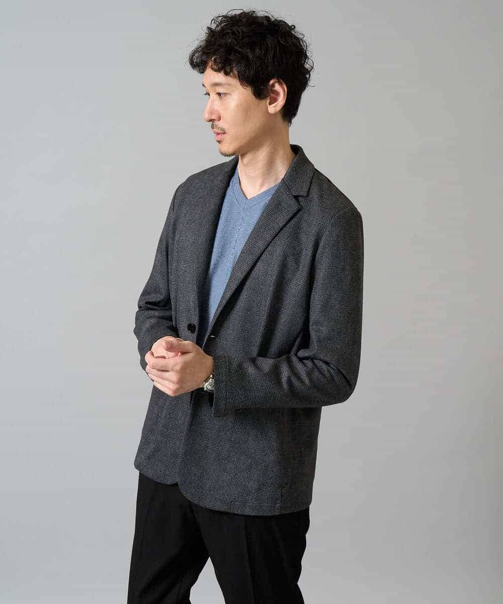 KHKJA73044 a.v.v MEN(アー・ヴェ・ヴェ) 【イージーケア/毛玉になりにくい】針抜きジャカードＶネックＴシャツ〈SMART SERIES〉【洗濯機で洗える】 ブラック