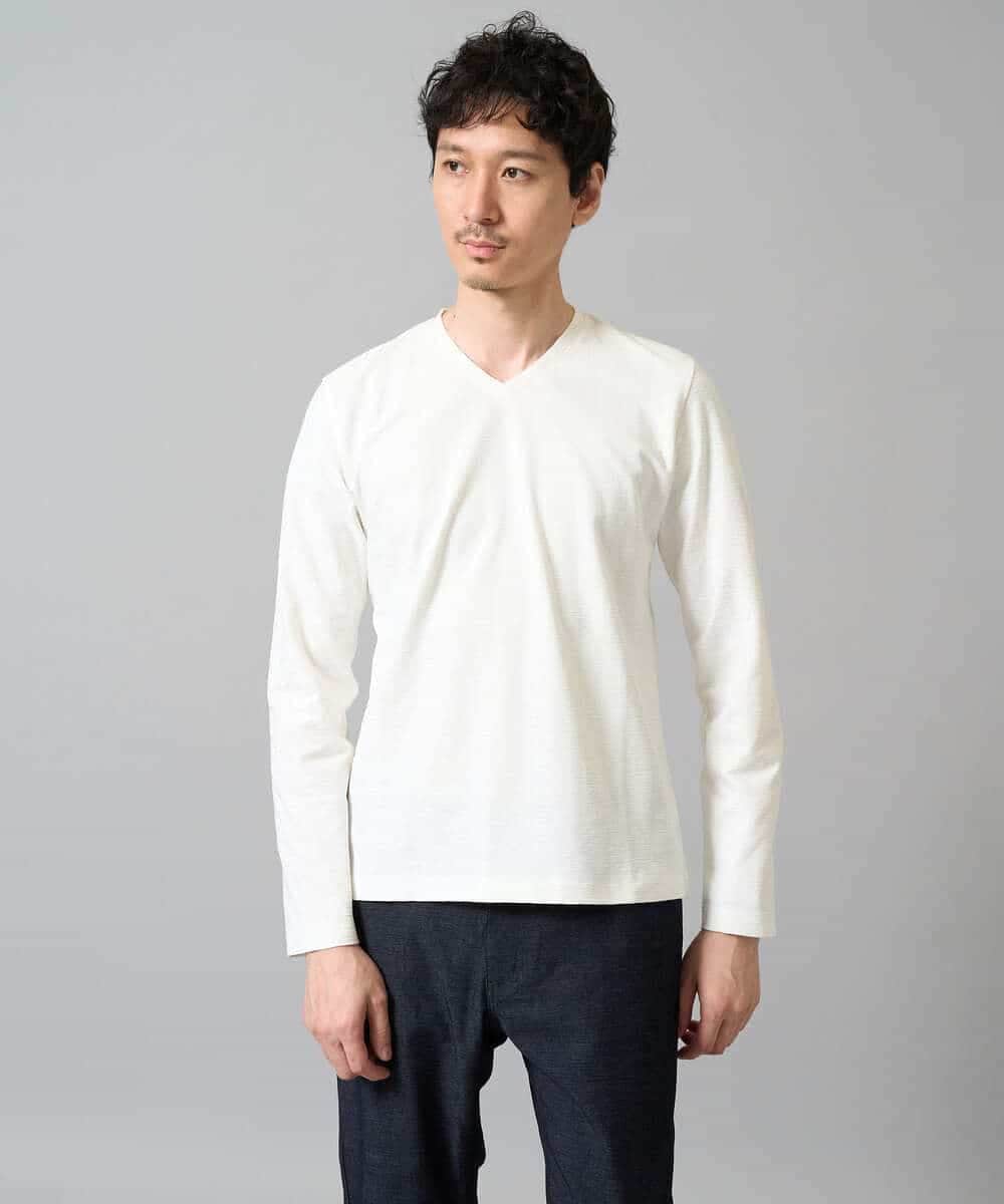 KHKJA73044 a.v.v MEN(アー・ヴェ・ヴェ) 【イージーケア/毛玉になりにくい】針抜きジャカードＶネックＴシャツ〈SMART SERIES〉【洗濯機で洗える】 ブラック