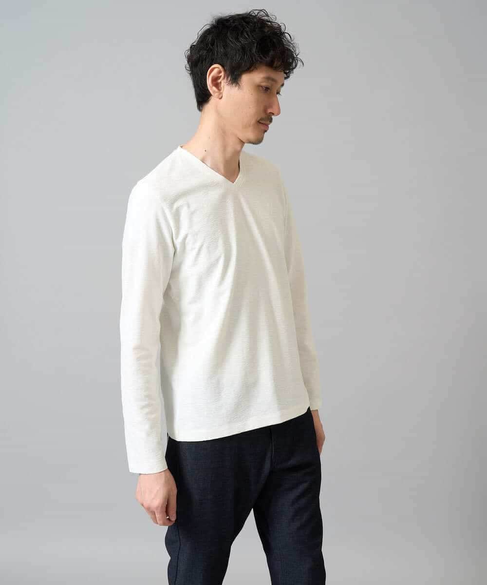 KHKJA73044 a.v.v MEN(アー・ヴェ・ヴェ) 【イージーケア/毛玉になりにくい】針抜きジャカードＶネックＴシャツ〈SMART SERIES〉【洗濯機で洗える】 ブラック