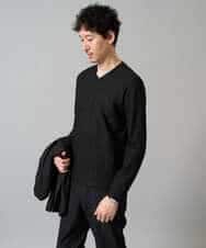 KHKJA73044 a.v.v MEN(アー・ヴェ・ヴェ) 【イージーケア/毛玉になりにくい】針抜きジャカードＶネックＴシャツ〈SMART SERIES〉【洗濯機で洗える】 ブラック