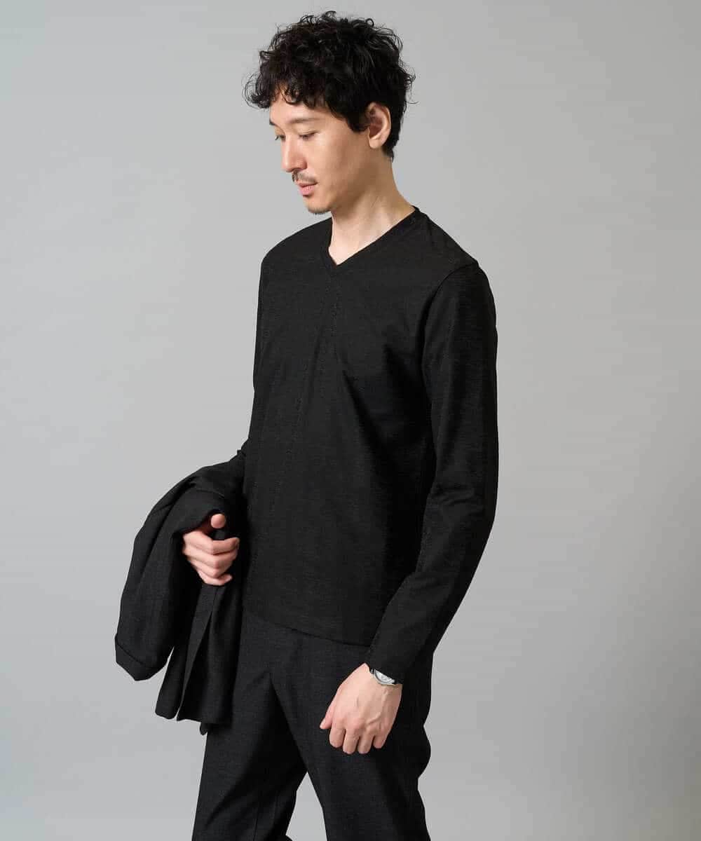 KHKJA73044 a.v.v MEN(アー・ヴェ・ヴェ) 【イージーケア/毛玉になりにくい】針抜きジャカードＶネックＴシャツ〈SMART SERIES〉【洗濯機で洗える】 ブラック