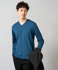 KHKJA74044 a.v.v MEN(アー・ヴェ・ヴェ) 【イージーケア/毛玉になりにくい】ストライプジャガードVネックTシャツ【洗濯機で洗える】通勤/ビジネス/ジャケット〈ON/OFF SERIES〉 ブルーグリーン