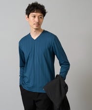 KHKJA74044 a.v.v MEN(アー・ヴェ・ヴェ) 【イージーケア/毛玉になりにくい】ストライプジャガードVネックTシャツ【洗濯機で洗える】〈SMART SERIES a.v.v〉 ブルーグリーン