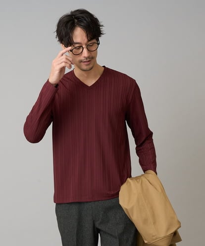 KHKJA74044 a.v.v MEN 【イージーケア/毛玉になりにくい】ストライプジャガードVネックTシャツ【洗濯機で洗える】通勤/ビジネス/ジャケット〈ON/OFF SERIES〉