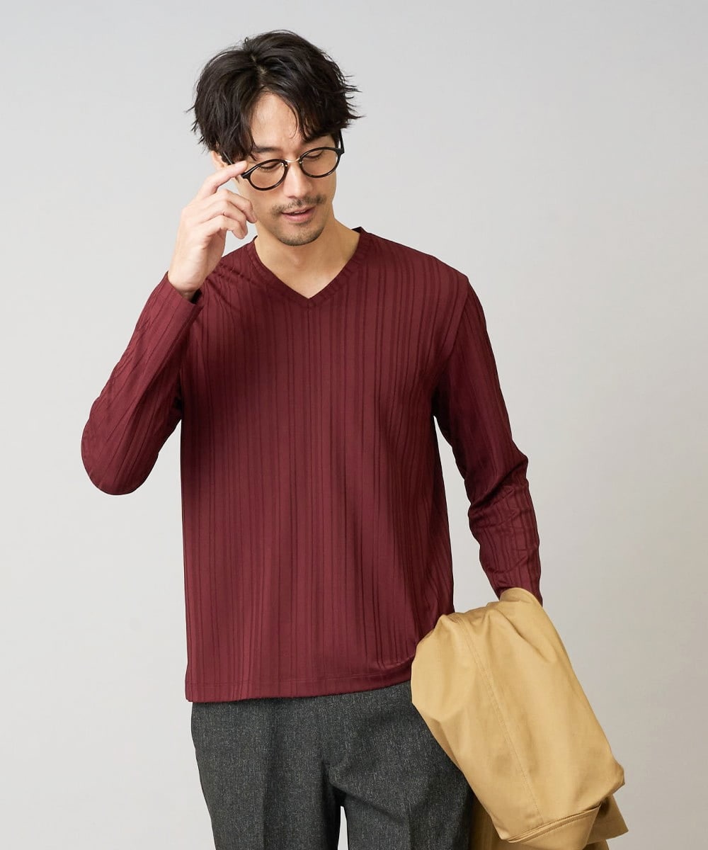 イージーケア/毛玉になりにくい】ストライプジャガードVネックTシャツ