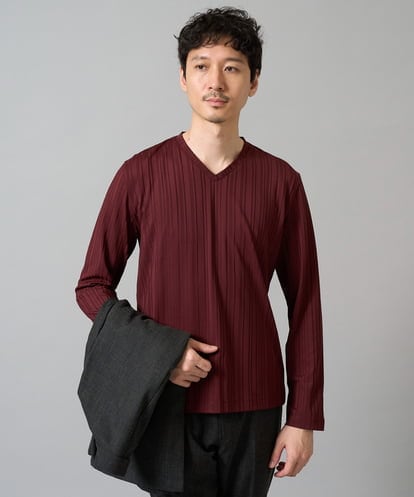 KHKJA74044 a.v.v MEN 【イージーケア/毛玉になりにくい】ストライプジャガードVネックTシャツ【洗濯機で洗える】〈SMART SERIES a.v.v〉