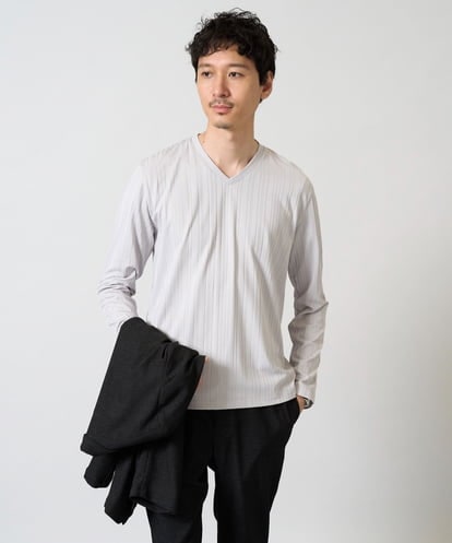 KHKJA74044 a.v.v MEN 【イージーケア/毛玉になりにくい】ストライプジャガードVネックTシャツ【洗濯機で洗える】通勤/ビジネス/ジャケット〈ON/OFF SERIES〉