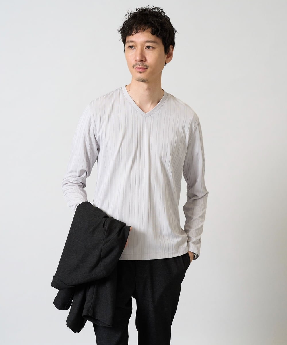 KHKJA74044 a.v.v MEN(アー・ヴェ・ヴェ) 【イージーケア/毛玉になりにくい】ストライプジャガードVネックTシャツ【洗濯機で洗える】通勤/ビジネス/ジャケット〈ON/OFF SERIES〉 ライトグレー