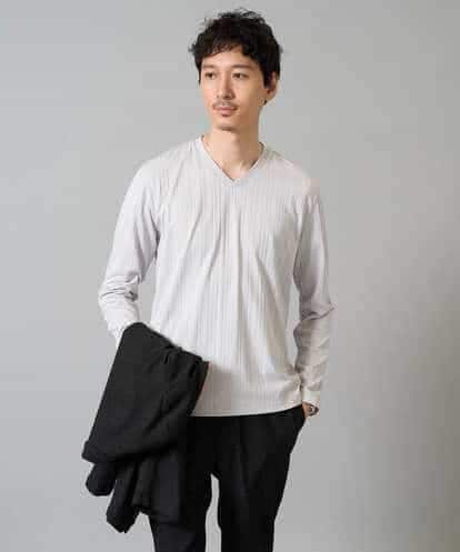 KHKJA74044 a.v.v MEN 【イージーケア/毛玉になりにくい】ストライプジャガードVネックTシャツ【洗濯機で洗える】〈SMART SERIES a.v.v〉