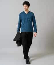 KHKJA74044 a.v.v MEN(アー・ヴェ・ヴェ) 【イージーケア/毛玉になりにくい】ストライプジャガードVネックTシャツ【洗濯機で洗える】〈SMART SERIES a.v.v〉 ライトグレー