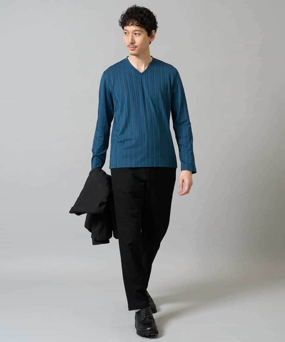 KHKJA74044 a.v.v MEN(アー・ヴェ・ヴェ) 【イージーケア/毛玉になりにくい】ストライプジャガードVネックTシャツ【洗濯機で洗える】〈SMART SERIES a.v.v〉 ライトグレー