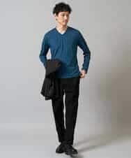KHKJA74044 a.v.v MEN(アー・ヴェ・ヴェ) 【イージーケア/毛玉になりにくい】ストライプジャガードVネックTシャツ【洗濯機で洗える】〈SMART SERIES a.v.v〉 ライトグレー