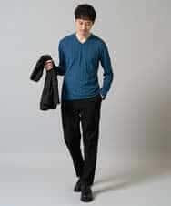KHKJA74044 a.v.v MEN(アー・ヴェ・ヴェ) 【イージーケア/毛玉になりにくい】ストライプジャガードVネックTシャツ【洗濯機で洗える】〈SMART SERIES a.v.v〉 ライトグレー