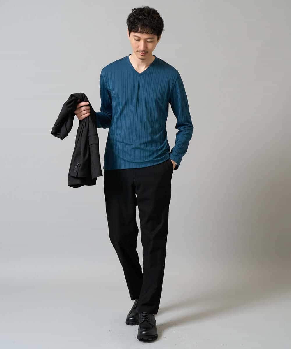 KHKJA74044 a.v.v MEN(アー・ヴェ・ヴェ) 【イージーケア/毛玉になりにくい】ストライプジャガードVネックTシャツ【洗濯機で洗える】〈SMART SERIES a.v.v〉 ライトグレー