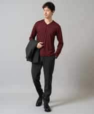 KHKJA74044 a.v.v MEN(アー・ヴェ・ヴェ) 【イージーケア/毛玉になりにくい】ストライプジャガードVネックTシャツ【洗濯機で洗える】〈SMART SERIES a.v.v〉 ライトグレー