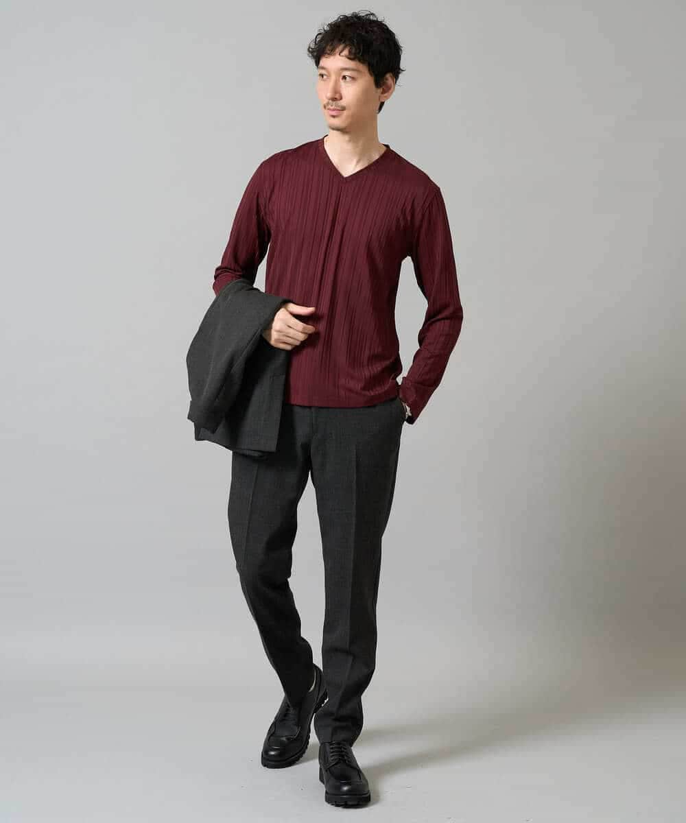 KHKJA74044 a.v.v MEN(アー・ヴェ・ヴェ) 【イージーケア/毛玉になりにくい】ストライプジャガードVネックTシャツ【洗濯機で洗える】〈SMART SERIES a.v.v〉 ライトグレー