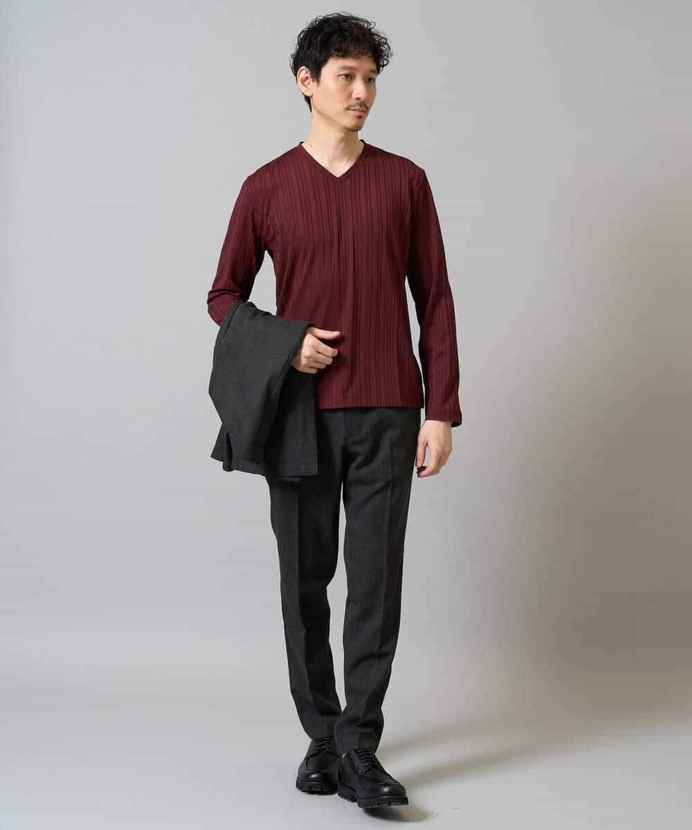 KHKJA74044 a.v.v MEN(アー・ヴェ・ヴェ) 【イージーケア/毛玉になりにくい】ストライプジャガードVネックTシャツ【洗濯機で洗える】〈SMART SERIES a.v.v〉 ライトグレー