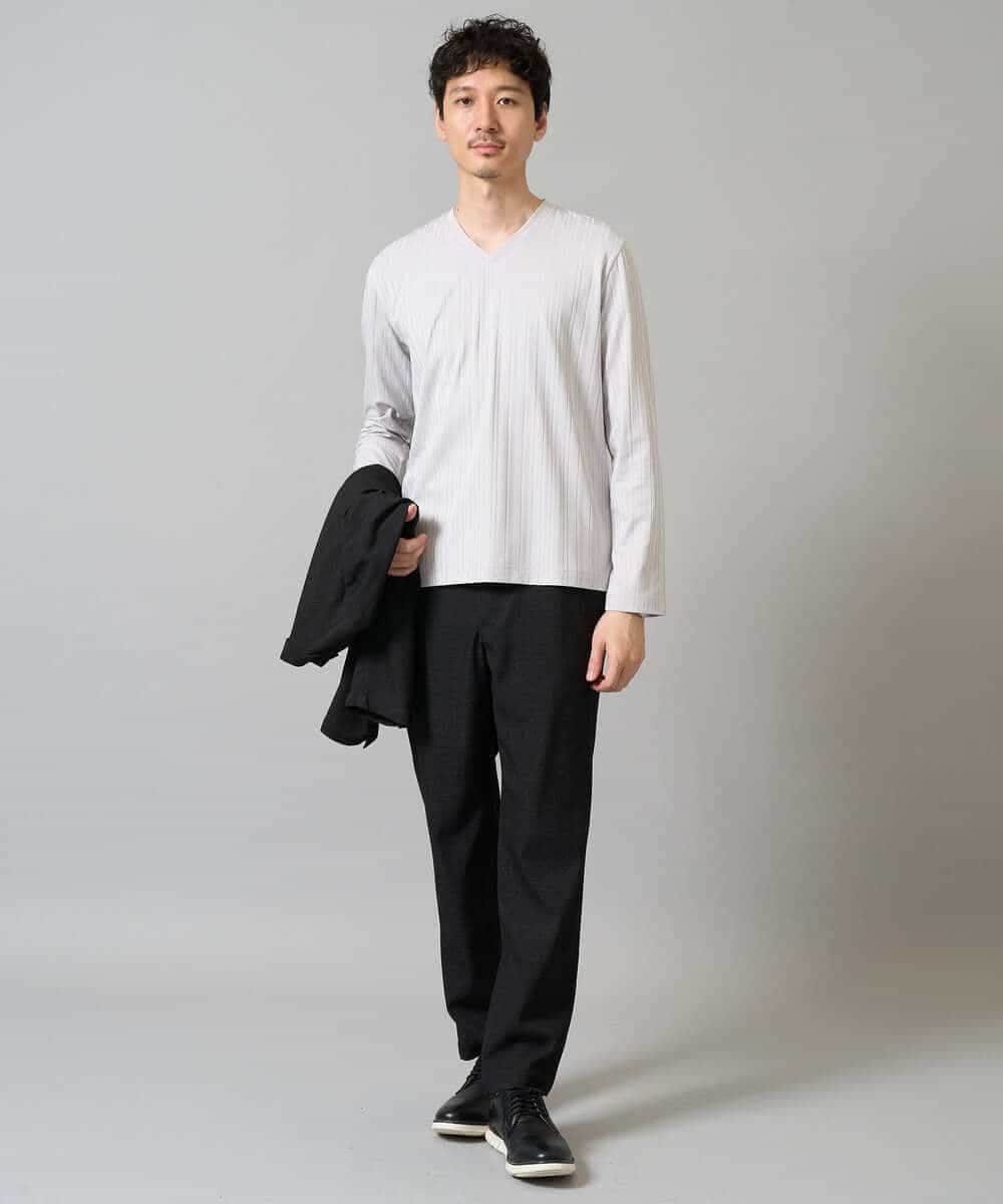 KHKJA74044 a.v.v MEN(アー・ヴェ・ヴェ) 【イージーケア/毛玉になりにくい】ストライプジャガードVネックTシャツ【洗濯機で洗える】〈SMART SERIES a.v.v〉 ライトグレー