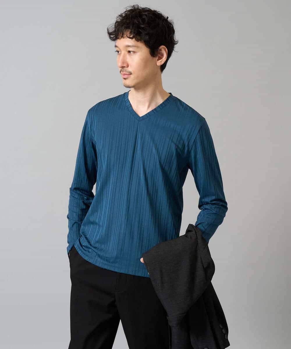 KHKJA74044 a.v.v MEN(アー・ヴェ・ヴェ) 【イージーケア/毛玉になりにくい】ストライプジャガードVネックTシャツ【洗濯機で洗える】〈SMART SERIES a.v.v〉 ライトグレー