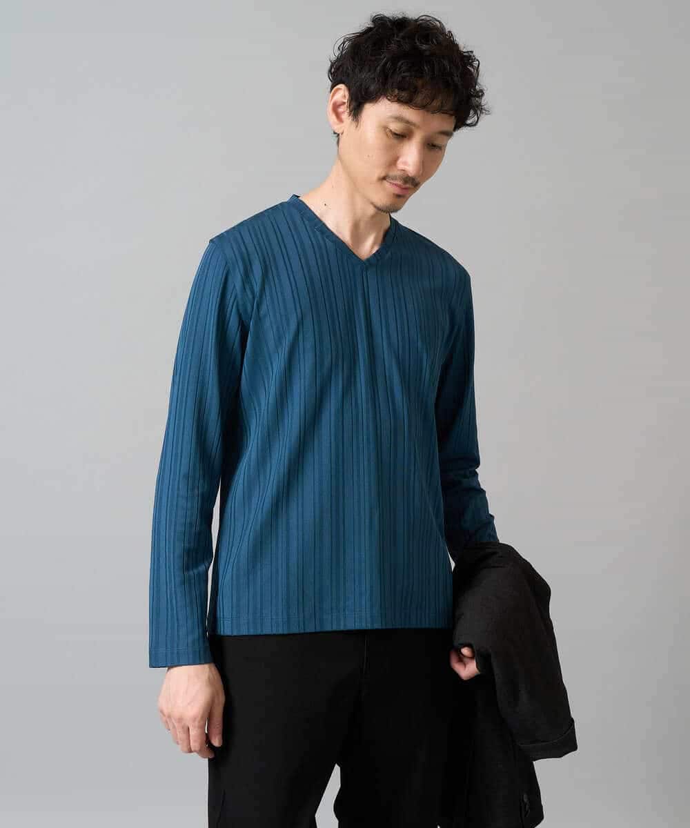 KHKJA74044 a.v.v MEN(アー・ヴェ・ヴェ) 【イージーケア/毛玉になりにくい】ストライプジャガードVネックTシャツ【洗濯機で洗える】〈SMART SERIES a.v.v〉 ライトグレー