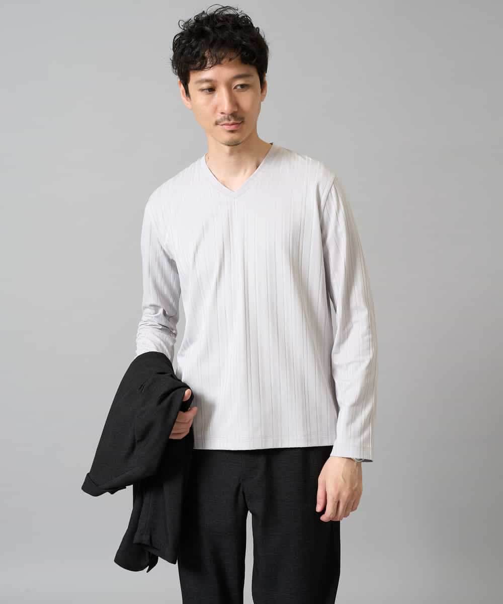 KHKJA74044 a.v.v MEN(アー・ヴェ・ヴェ) 【イージーケア/毛玉になりにくい】ストライプジャガードVネックTシャツ【洗濯機で洗える】〈SMART SERIES a.v.v〉 ライトグレー