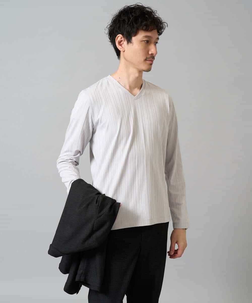KHKJA74044 a.v.v MEN(アー・ヴェ・ヴェ) 【イージーケア/毛玉になりにくい】ストライプジャガードVネックTシャツ【洗濯機で洗える】〈SMART SERIES a.v.v〉 ライトグレー