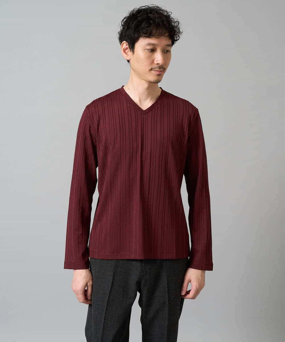 KHKJA74044 a.v.v MEN(アー・ヴェ・ヴェ) 【イージーケア/毛玉になりにくい】ストライプジャガードVネックTシャツ【洗濯機で洗える】〈SMART SERIES a.v.v〉 ライトグレー