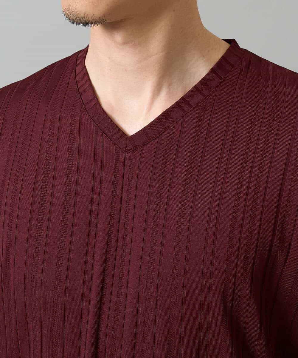 KHKJA74044 a.v.v MEN(アー・ヴェ・ヴェ) 【イージーケア/毛玉になりにくい】ストライプジャガードVネックTシャツ【洗濯機で洗える】〈SMART SERIES a.v.v〉 ライトグレー