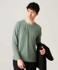 KHKJA75044 a.v.v MEN(アー・ヴェ・ヴェ) 【ジャケット映えカットソー】ブロックリンクスジャカードクルーネックＴシャツ 通勤/ビジネス/ジャケット【イージーケア/毛玉になりにくい/洗濯機で洗える】〈ON/OFF SERIES〉 グリーン