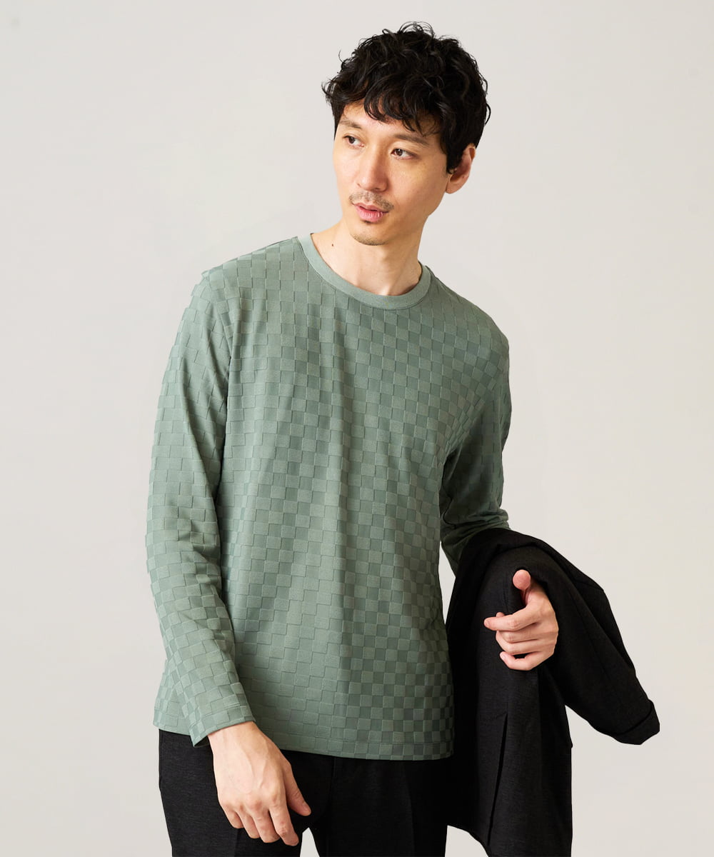KHKJA75044 a.v.v MEN 【ジャケット映えカットソー】ブロックリンクスジャカードクルーネックＴシャツ 通勤/ビジネス/ジャケット【イージーケア/毛玉になりにくい/洗濯機で洗える】〈ON/OFF SERIES〉