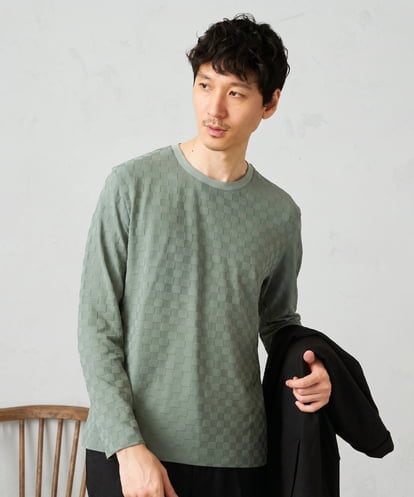 KHKJA75044 a.v.v MEN 【ジャケット映えカットソー】ブロックリンクスジャカードクルーネックＴシャツ 通勤/ビジネス/ジャケット【イージーケア/毛玉になりにくい/洗濯機で洗える】〈ON/OFF SERIES〉