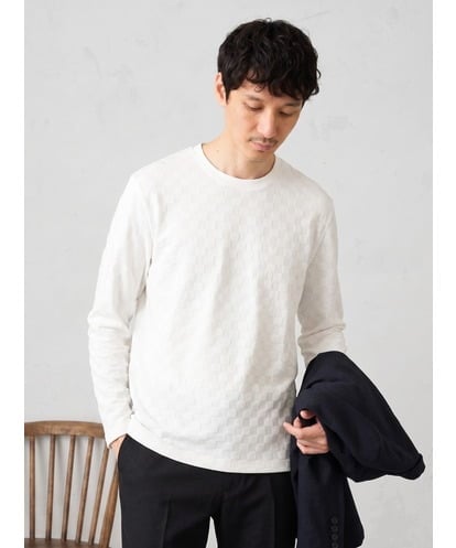 KHKJA75044 a.v.v MEN 【ジャケット映えカットソー】ブロックリンクスジャカードクルーネックＴシャツ 通勤/ビジネス/ジャケット【イージーケア/毛玉になりにくい/洗濯機で洗える】〈ON/OFF SERIES〉