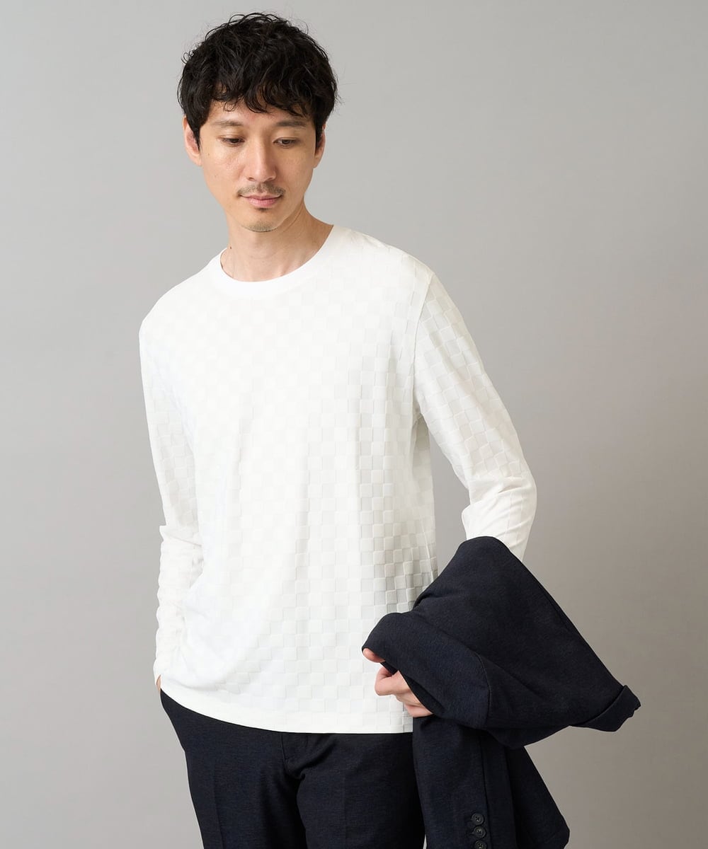 KHKJA75044 a.v.v MEN(アー・ヴェ・ヴェ) 【ジャケット映えカットソー】ブロックリンクスジャカードクルーネックＴシャツ 通勤/ビジネス/ジャケット【イージーケア/毛玉になりにくい/洗濯機で洗える】〈ON/OFF SERIES〉 ブラック